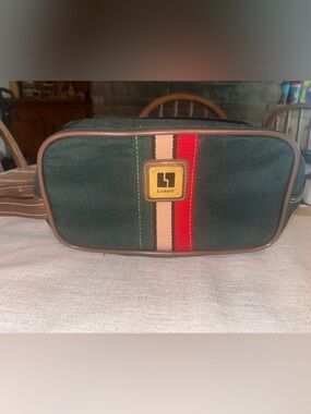 Leisure Green Canvas Toiletry Bag with Red & Tan Stripe- Vintage